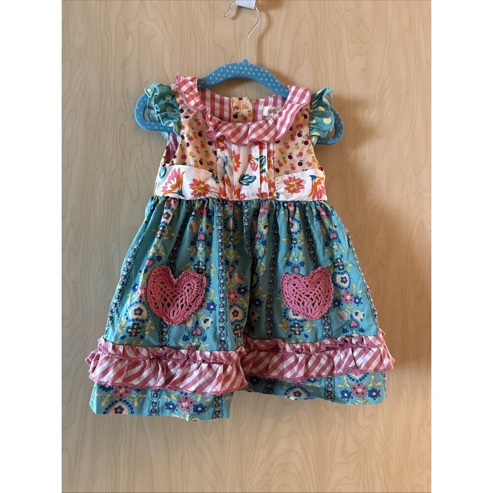 Matilda Jane floral gingham cotton dress crochet heart pocket Size 12-18
